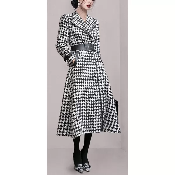 CHARTOU Women's Winter Lapel Collar Houndstooth Plaid Wool Blend Long Jacket Trench Coats with Belt