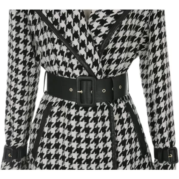 CHARTOU Women's Winter Lapel Collar Houndstooth Plaid Wool Blend Long Jacket Trench Coats with Belt