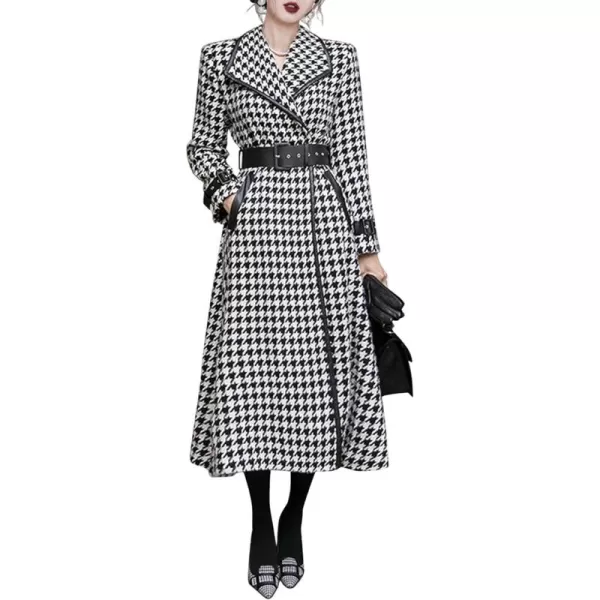 CHARTOU Women's Winter Lapel Collar Houndstooth Plaid Wool Blend Long Jacket Trench Coats with Belt