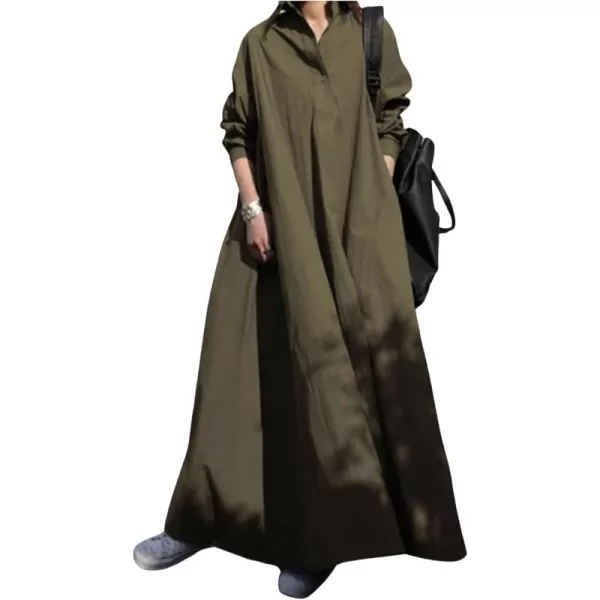 CHARTOU Women Long Sleeve Maxi Dress Ruffle Flowy Shirt Dress Oversize Tunic Dress A Line Beach Plus Size(Armygreen)