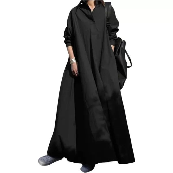 CHARTOU Women Long Sleeve Maxi Dress Ruffle Flowy Shirt Dress Oversize Tunic Dress A Line Beach Plus Size(Black)