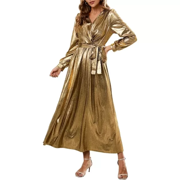 CHARTOU Women's Glitter Sequins v Neck Puff Long Sleeve A-Line Cocktail Party Dress with Belt