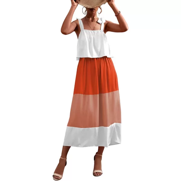 CHARTOU Women's Self-Tie Strap Elastic High Waist Color Contrast Ruffle A-Line Tiered Long Dress