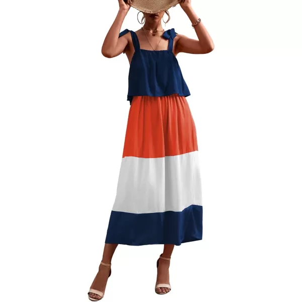 CHARTOU Women's Self-Tie Strap Elastic High Waist Color Contrast Ruffle A-Line Tiered Long Dress