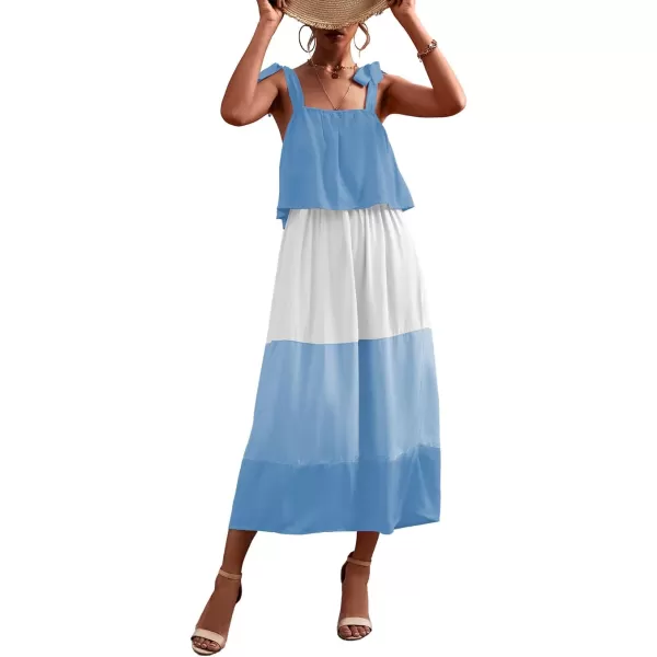 CHARTOU Women's Self-Tie Strap Elastic High Waist Color Contrast Ruffle A-Line Tiered Long Dress