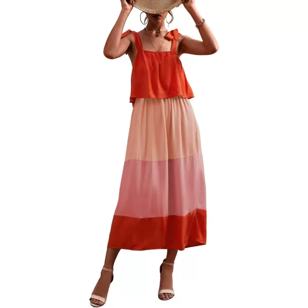 CHARTOU Women's Self-Tie Strap Elastic High Waist Color Contrast Ruffle A-Line Tiered Long Dress