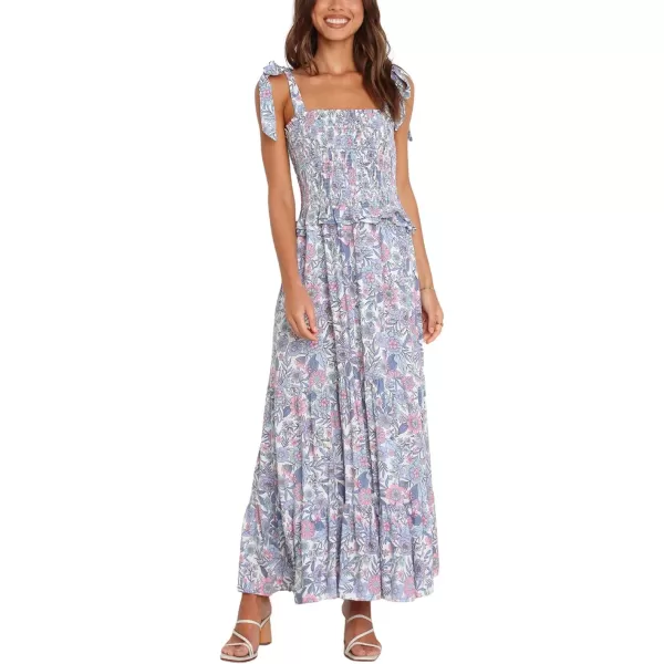 CHARTOU Women's Summer Boho Floral Print Tie Strap Smocked Ruffled A Line Pleated Long Maxi Dress