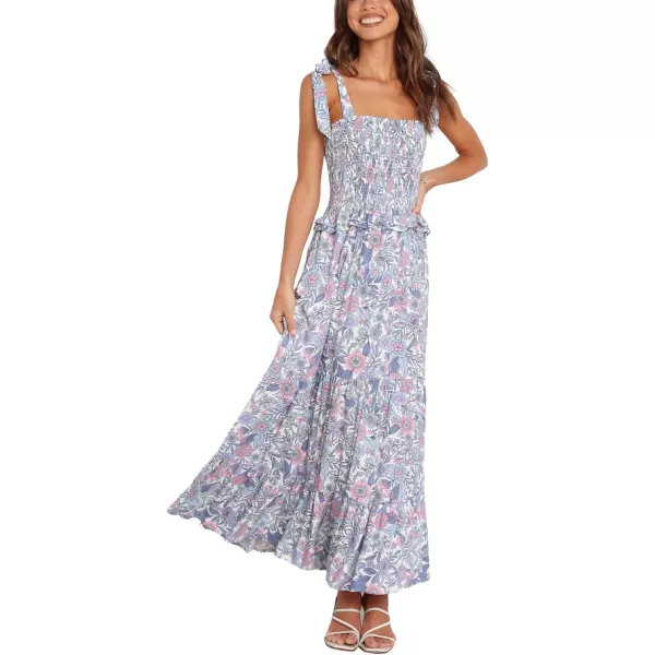 CHARTOU Women's Summer Boho Floral Print Tie Strap Smocked Ruffled A Line Pleated Long Maxi Dress