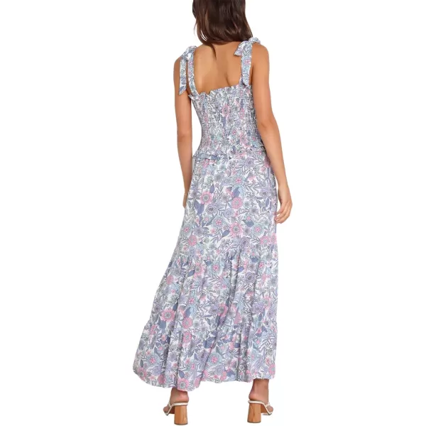 CHARTOU Women's Summer Boho Floral Print Tie Strap Smocked Ruffled A Line Pleated Long Maxi Dress