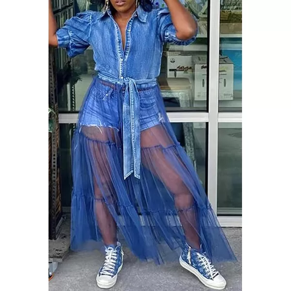 CHARTOU Women's Trendy Puff Sleeve Tulle Patchwork Pleated A-Line Denim Maxi Long Dress