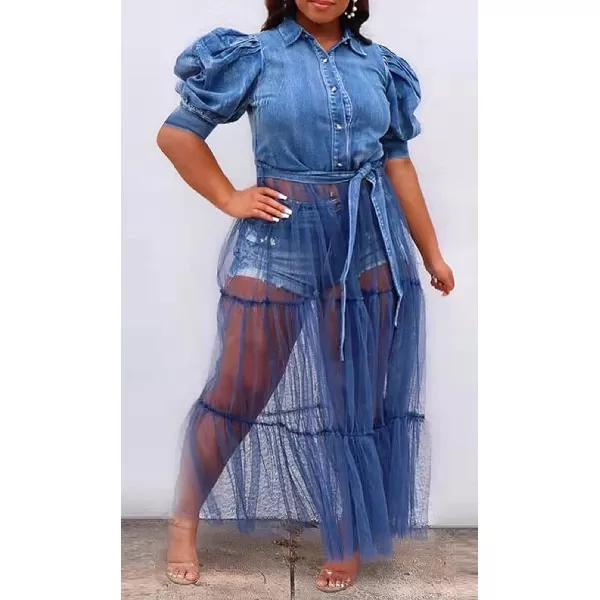 CHARTOU Women's Trendy Puff Sleeve Tulle Patchwork Pleated A-Line Denim Maxi Long Dress