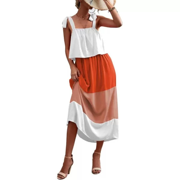 CHARTOU Women's Self-Tie Strap Elastic High Waist Color Contrast Ruffle A-Line Tiered Long Dress