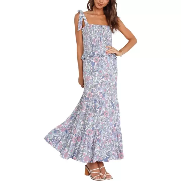 CHARTOU Women's Summer Boho Floral Print Tie Strap Smocked Ruffled A Line Pleated Long Maxi Dress