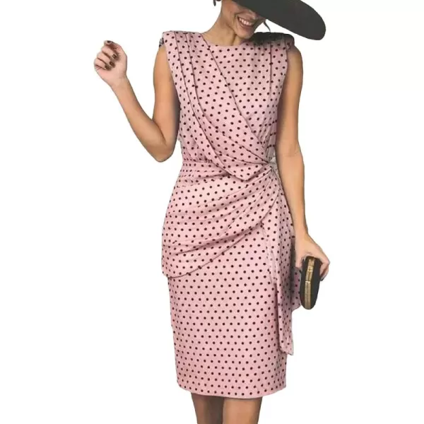CHARTOU Women's Vintage Crew Neck Polka Dot Bodycon Sleeveless Wrap Midi Pencil Dress