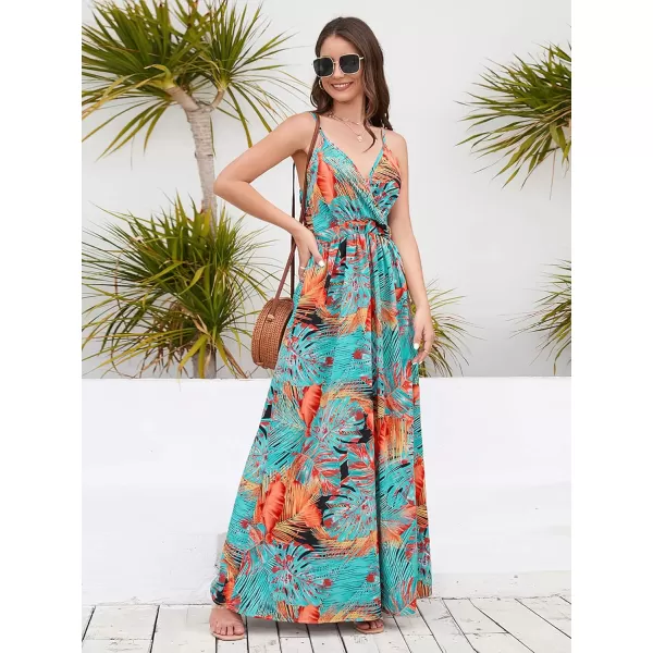 CHARTOU Women's Summer Boho Floral Print Spaghetti Strap Wrap V-Neck Flowy Maxi Dress