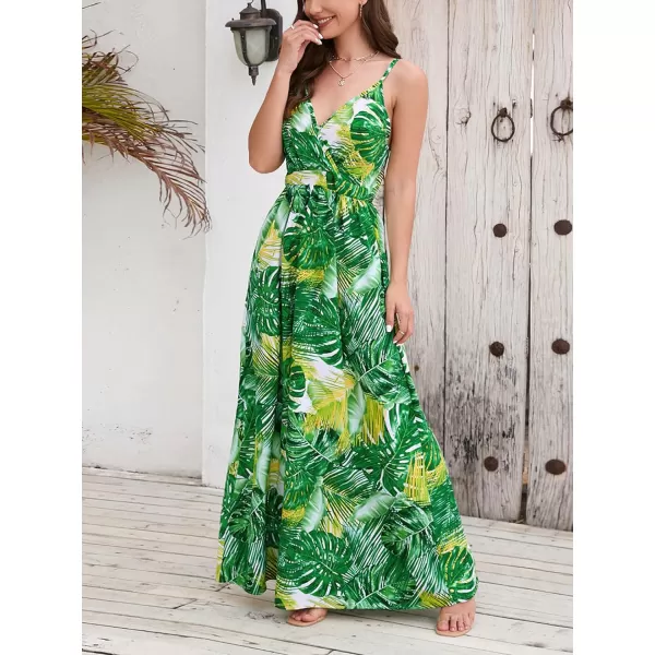 CHARTOU Women's Summer Boho Floral Print Spaghetti Strap Wrap V-Neck Flowy Maxi Dress