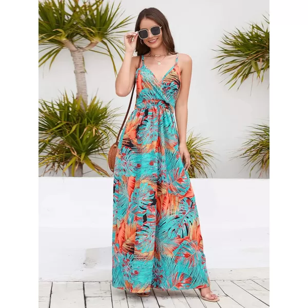CHARTOU Women's Summer Boho Floral Print Spaghetti Strap Wrap V-Neck Flowy Maxi Dress