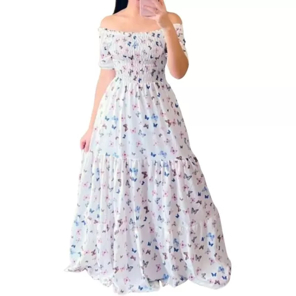 CHARTOU Women Off Shoulder Maxi Dress Pleated Smocked Floral Summer Dress Boho Beach Long Flowy Dress Print