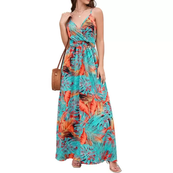 CHARTOU Women's Summer Boho Floral Print Spaghetti Strap Wrap V-Neck Flowy Maxi Dress