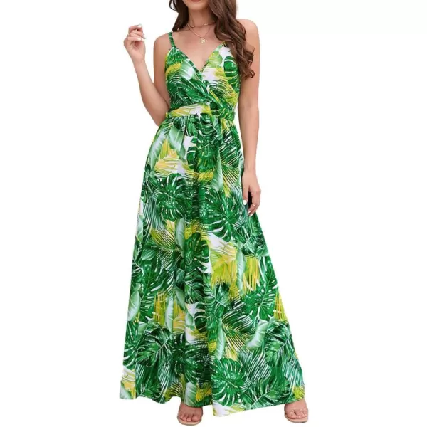 CHARTOU Women's Summer Boho Floral Print Spaghetti Strap Wrap V-Neck Flowy Maxi Dress