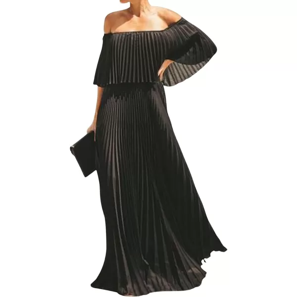 CHARTOU Women's Chiffon Off Shoulder Pleated Maxi Dress Party Beach Flowy Ruffle Tube Dress