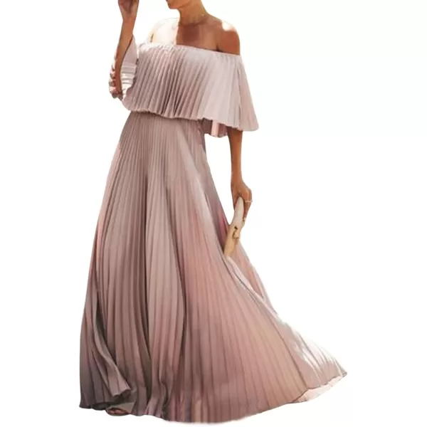 CHARTOU Women's Chiffon Off Shoulder Pleated Maxi Dress Party Beach Flowy Ruffle Tube Dress