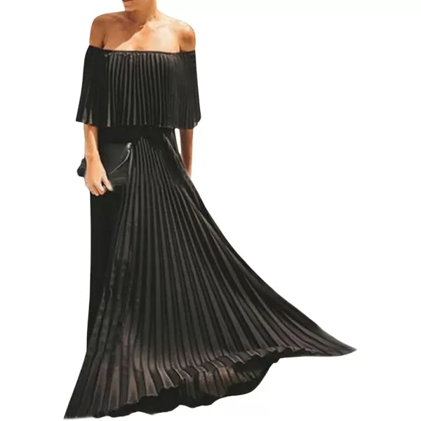 CHARTOU Women's Chiffon Off Shoulder Pleated Maxi Dress Party Beach Flowy Ruffle Tube Dress