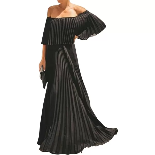 CHARTOU Women's Chiffon Off Shoulder Pleated Maxi Dress Party Beach Flowy Ruffle Tube Dress