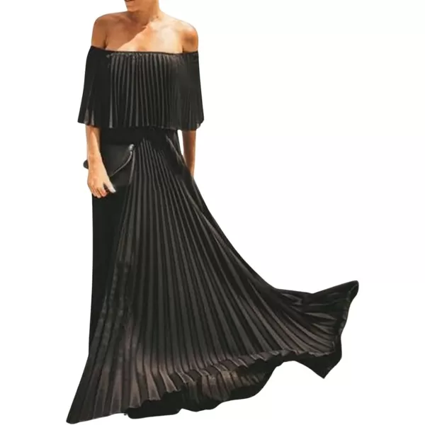 CHARTOU Women's Chiffon Off Shoulder Pleated Maxi Dress Party Beach Flowy Ruffle Tube Dress