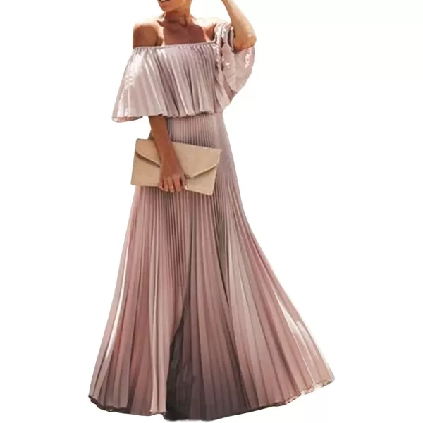 CHARTOU Women's Chiffon Off Shoulder Pleated Maxi Dress Party Beach Flowy Ruffle Tube Dress