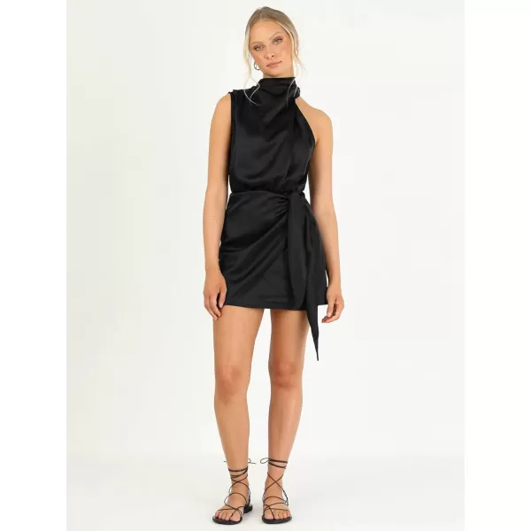 CHARTOU Women's Cocktail Party Mock Neck Keyhole Sleeveless High Waist Wrap Bodycon Satin Mini Dress
