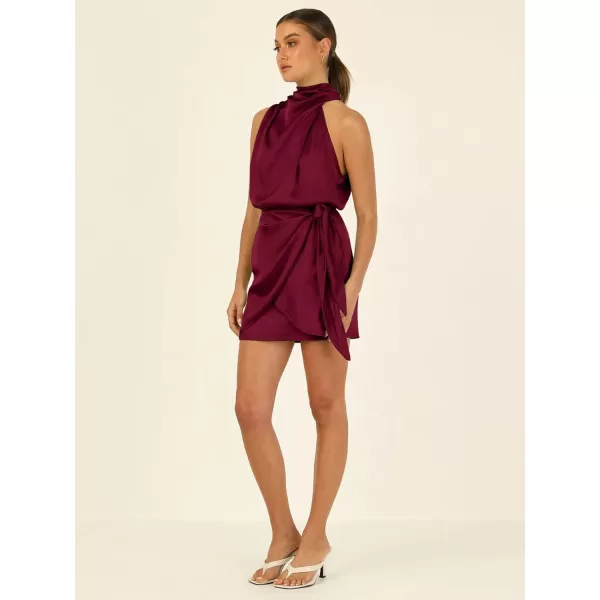 CHARTOU Women's Cocktail Party Mock Neck Keyhole Sleeveless High Waist Wrap Bodycon Satin Mini Dress