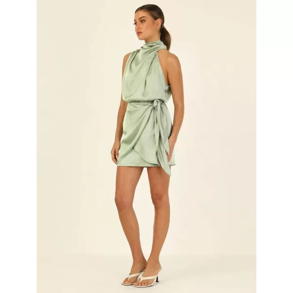 CHARTOU Women's Cocktail Party Mock Neck Keyhole Sleeveless High Waist Wrap Bodycon Satin Mini Dress