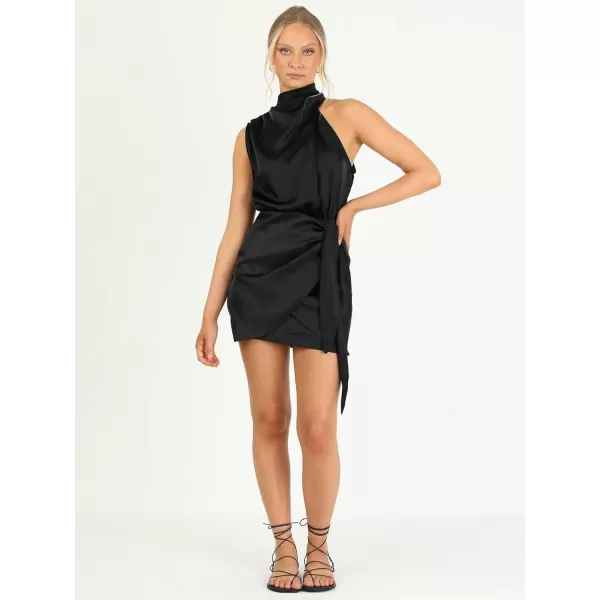 CHARTOU Women's Cocktail Party Mock Neck Keyhole Sleeveless High Waist Wrap Bodycon Satin Mini Dress