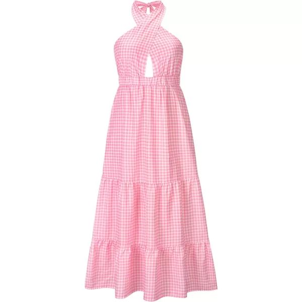 CHARTOU Women's Sexy Halter Cutout Plaid Ruffle A Line Maxi Dress Backless Party Flowy Tank Dress