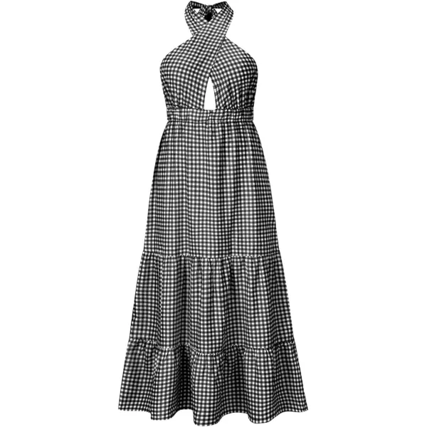 CHARTOU Women's Sexy Halter Cutout Plaid Ruffle A Line Maxi Dress Backless Party Flowy Tank Dress
