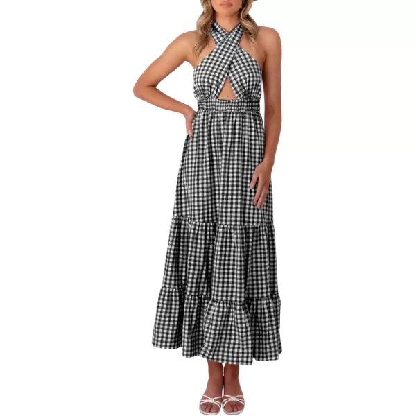 CHARTOU Women's Sexy Halter Cutout Plaid Ruffle A Line Maxi Dress Backless Party Flowy Tank Dress