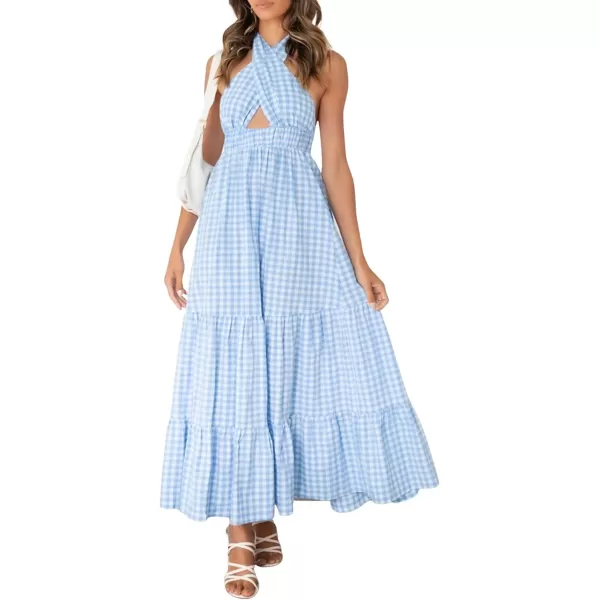 CHARTOU Women's Sexy Halter Cutout Plaid Ruffle A Line Maxi Dress Backless Party Flowy Tank Dress