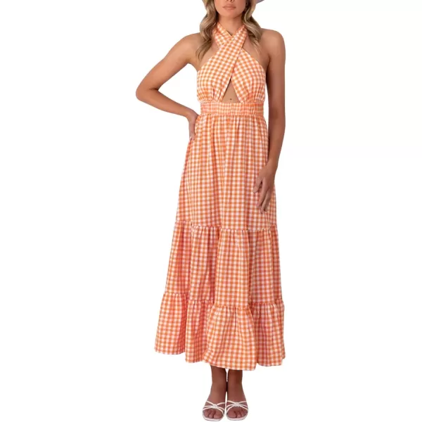 CHARTOU Women's Sexy Halter Cutout Plaid Ruffle A Line Maxi Dress Backless Party Flowy Tank Dress