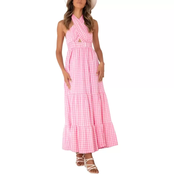 CHARTOU Women's Sexy Halter Cutout Plaid Ruffle A Line Maxi Dress Backless Party Flowy Tank Dress