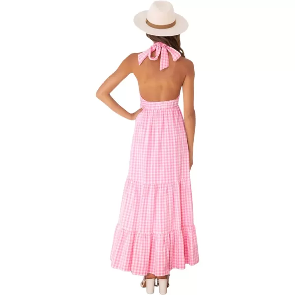 CHARTOU Women's Sexy Halter Cutout Plaid Ruffle A Line Maxi Dress Backless Party Flowy Tank Dress