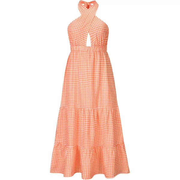 CHARTOU Women's Sexy Halter Cutout Plaid Ruffle A Line Maxi Dress Backless Party Flowy Tank Dress
