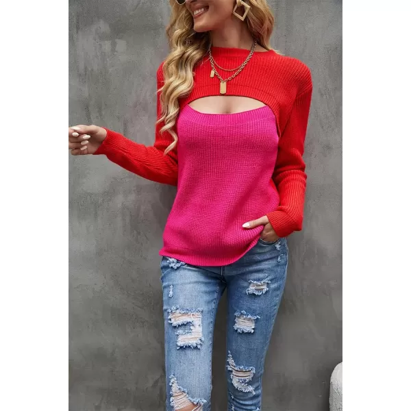 CHARTOU Women's Sexy Mock Neck Cut Out Color Block Knit Slim Fit Sweater Streetwear