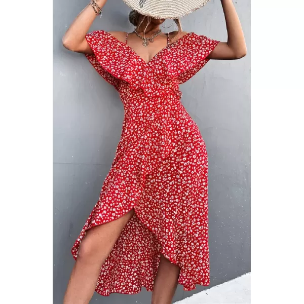 CHARTOU Women's Sexy Spaghetti Strap Ruffled Cold Shoulder Floral Print Irregular Boho Dress