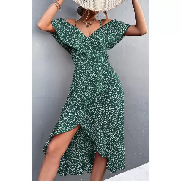 CHARTOU Women's Sexy Spaghetti Strap Ruffled Cold Shoulder Floral Print Irregular Boho Dress