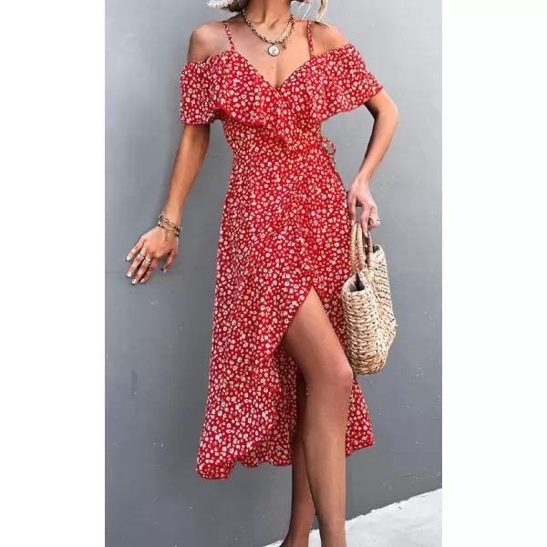 CHARTOU Women's Sexy Spaghetti Strap Ruffled Cold Shoulder Floral Print Irregular Boho Dress