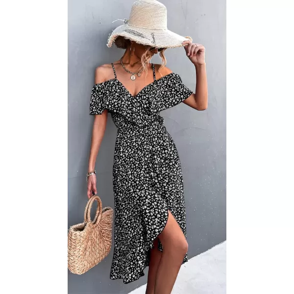CHARTOU Women's Sexy Spaghetti Strap Ruffled Cold Shoulder Floral Print Irregular Boho Dress