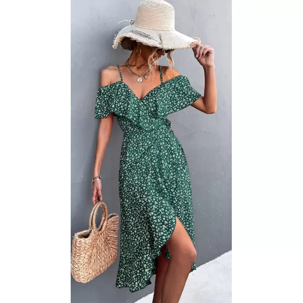 CHARTOU Women's Sexy Spaghetti Strap Ruffled Cold Shoulder Floral Print Irregular Boho Dress