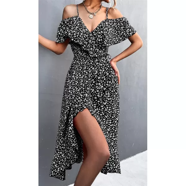 CHARTOU Women's Sexy Spaghetti Strap Ruffled Cold Shoulder Floral Print Irregular Boho Dress
