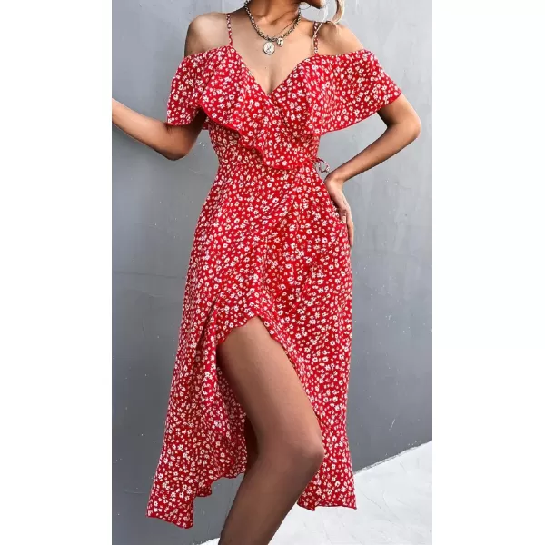 CHARTOU Women's Sexy Spaghetti Strap Ruffled Cold Shoulder Floral Print Irregular Boho Dress